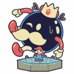 Personagem de videogame estilo cartoon com um grande inimigo em forma de bomba, usando uma coroa, e um pequeno herói vestido de Mario, em um cenário com flores e água.