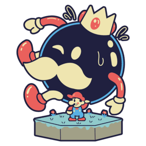 Personagem de videogame estilo cartoon com um grande inimigo em forma de bomba, usando uma coroa, e um pequeno herói vestido de Mario, em um cenário com flores e água.