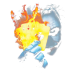 Imagem de um personagem com maquiagem de palhaço segurando cartas de baralho em chamas, com destaque para quatro ases e um olhar intenso.