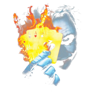 Imagem de um personagem com maquiagem de palhaço segurando cartas de baralho em chamas, com destaque para quatro ases e um olhar intenso.