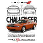 Dodge Challenger Demon, um carro muscle poderoso com até 840 cavalos de potência, destacando seu design marcante. Ilustração com desenho técnico e especificações no fundo.