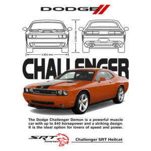 Dodge Challenger Demon, um carro muscle poderoso com até 840 cavalos de potência, destacando seu design marcante. Ilustração com desenho técnico e especificações no fundo.