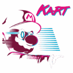 Ilustração estilizada do personagem Mario, famoso dos jogos da série Mario Kart, com uma expressão amigável e traços vibrantes em cores azul e rosa. O termo "KART" aparece em destaque, refletindo a temática de corridas do jogo.