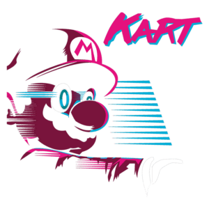 Ilustração estilizada do personagem Mario, famoso dos jogos da série Mario Kart, com uma expressão amigável e traços vibrantes em cores azul e rosa. O termo "KART" aparece em destaque, refletindo a temática de corridas do jogo.