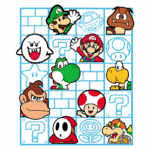Personagens icônicos do jogo Mario, incluindo Mario, Luigi, Yoshi, Donkey Kong, Bowser e outros, dispostos em um padrão colorido com blocos e símbolos do jogo.