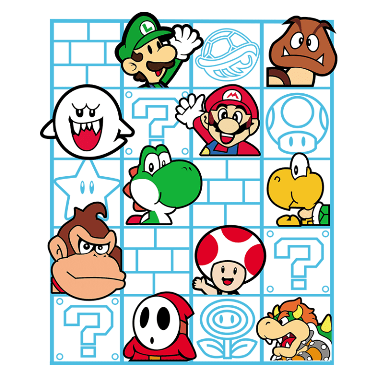 Personagens icônicos do jogo Mario, incluindo Mario, Luigi, Yoshi, Donkey Kong, Bowser e outros, dispostos em um padrão colorido com blocos e símbolos do jogo.