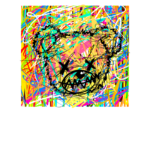 Ilustração de um urso estilizado com um design gráfico colorido e caótico, apresentando traços pretos e um fundo vibrante de cores variadas, como amarelo, rosa e azul. Ideal para temas de arte contemporânea e design digital.