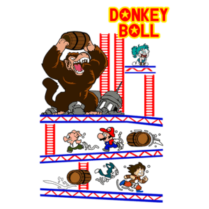 Imagem do jogo Donkey Boll, apresentando Donkey Kong segurando um barril, enquanto personagens icônicos como Mario e outros correm em direção a escadas e barris, em um cenário de plataforma.