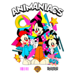 Personagens principais de "Animaniacs" em estilo colorido dos anos 90, destacando Yakko, Wakko e Dot, com elementos gráficos vibrantes. Logotipos da Warner Bros e Cartoon Network visíveis.