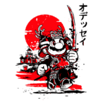 Personagem estilo samurai inspirado no Mario, segurando uma katana, diante de um sol vermelho e fundo com elementos de arquitetura asiática. Ideal para temas de cultura pop e jogos.