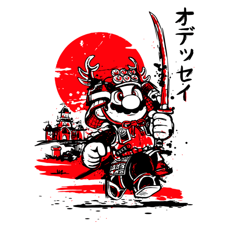 Personagem estilo samurai inspirado no Mario, segurando uma katana, diante de um sol vermelho e fundo com elementos de arquitetura asiática. Ideal para temas de cultura pop e jogos.