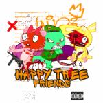 Personagens icônicos da série "Happy Tree Friends", incluindo um urso ferido e um coelho armado, em um estilo gráfico vibrante, com elementos de humor sombrio e referências à cultura pop. A arte destaca a marca MTV e é composta por cores vivas e detalhes dramáticos.