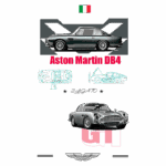 Imagem do Aston Martin DB4 com fundo estilizado, mostrando desenhos técnicos do carro e elementos gráficos. Destaca-se a bandeira italiana e a marca Zagato, simbolizando o design clássico e a engenharia do modelo.