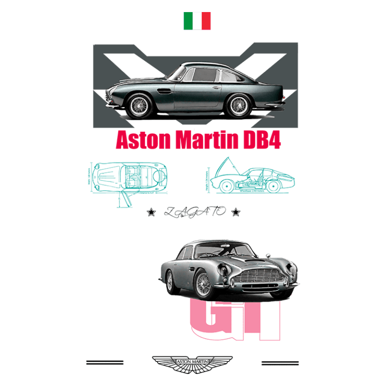Imagem do Aston Martin DB4 com fundo estilizado, mostrando desenhos técnicos do carro e elementos gráficos. Destaca-se a bandeira italiana e a marca Zagato, simbolizando o design clássico e a engenharia do modelo.