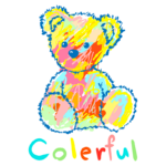 Urso de pelúcia colorido e estilizado com tons vibrantes de rosa, azul, amarelo e verde, acompanhado pela palavra "Colorful" em letras multicoloridas na parte inferior. Ideal para ilustrar produtos ou temas relacionados à infância e ao universo lúdico.
