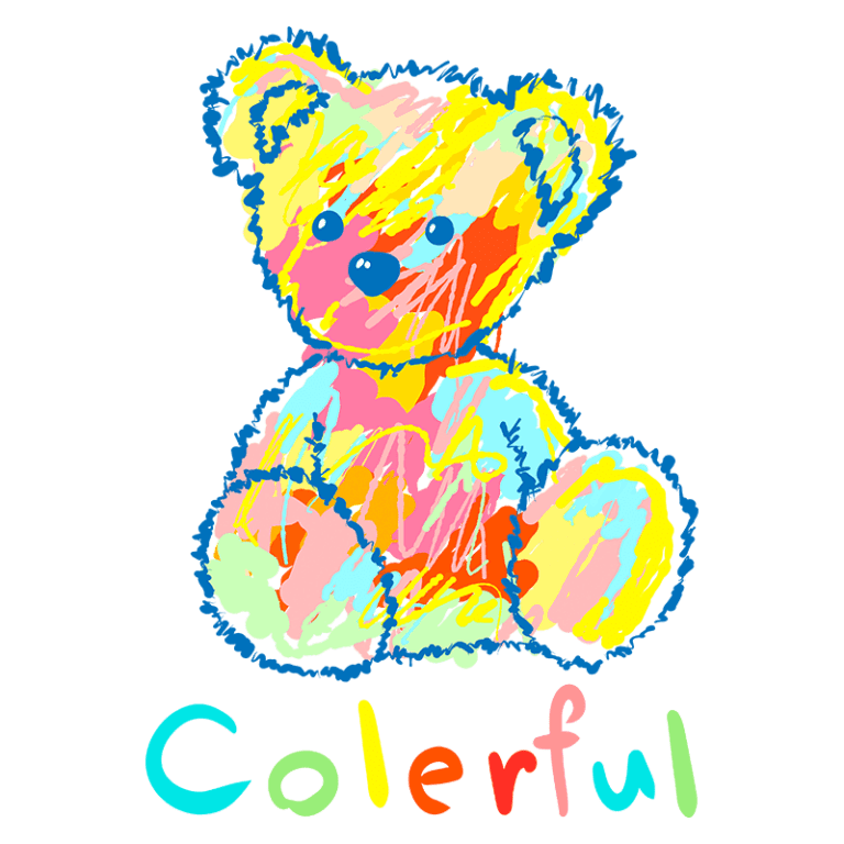 Urso de pelúcia colorido e estilizado com tons vibrantes de rosa, azul, amarelo e verde, acompanhado pela palavra "Colorful" em letras multicoloridas na parte inferior. Ideal para ilustrar produtos ou temas relacionados à infância e ao universo lúdico.