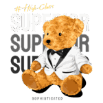 Urso de pelúcia elegante vestido com um terno branco e gravata borboleta, com as palavras "SUPERIOR" e "#High-Class" ao fundo, transmitindo uma imagem sofisticada e divertida.
