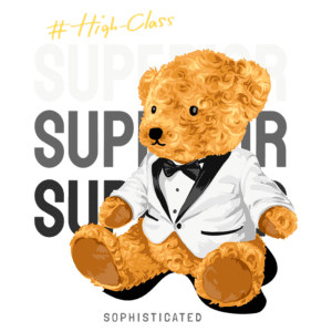 Urso de pelúcia elegante vestido com um terno branco e gravata borboleta, com as palavras "SUPERIOR" e "#High-Class" ao fundo, transmitindo uma imagem sofisticada e divertida.