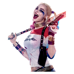 Personagem feminina colorida e vibrante com cabelo pink e azul, usando uma camiseta rasgada, segurando um taco de beisebol e sorrindo. Ideal para temas de cultura pop, quadrinhos e filmes de super-heróis.