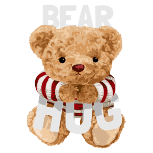 Ursinho de pelúcia fofinho vestindo uma camisa listrada, segurando as palavras "BEAR HUG" em destaque, ideal para transmitir carinho e aconchego.