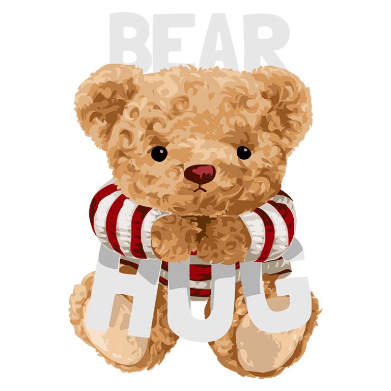 Ursinho de pelúcia fofinho vestindo uma camisa listrada, segurando as palavras "BEAR HUG" em destaque, ideal para transmitir carinho e aconchego.