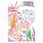 Imagem colorida de um personagem semelhante ao Coringa, com sorriso diabólico e expressão maliciosa, segurando um peixe grotesco que também sorri de forma ameaçadora. O fundo é vibrante e destaca a natureza sinistra da cena.