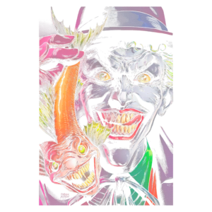 Imagem colorida de um personagem semelhante ao Coringa, com sorriso diabólico e expressão maliciosa, segurando um peixe grotesco que também sorri de forma ameaçadora. O fundo é vibrante e destaca a natureza sinistra da cena.