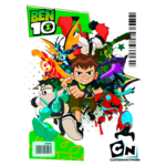 Imagem colorida de Ben 10, personagem principal da série de animação, correndo com dispositivos alienígenas e amigos ao fundo. Inclui vários alienígenas icônicos e o logotipo do Cartoon Network.
