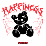 Ilustração de um urso de pelúcia preto com detalhes brancos, rodeado por elementos gráficos vermelhos e a palavra "HAPPINESS" em destaque. O design transmite uma mensagem sobre a felicidade e o amor próprio, com a marca STREET.CO no rodapé. Ideal para moda urbana e cultura streetwear.