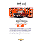 Imagem do Chevrolet C-10, uma caminhonete clássica da marca Chevrolet, destacando seu design icônico com uma carroceria em vermelho e detalhes em branco. O fundo apresenta ilustrações do veículo e informações sobre sua história e versões.