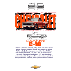 Imagem do Chevrolet C-10, uma caminhonete clássica da marca Chevrolet, destacando seu design icônico com uma carroceria em vermelho e detalhes em branco. O fundo apresenta ilustrações do veículo e informações sobre sua história e versões.