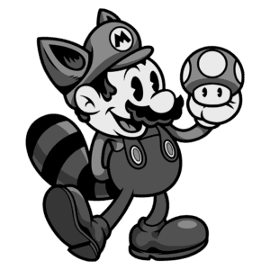 Personagem icônico de videogame, Mario, vestido com um chapéu e uma cauda de guaxinim, segurando um cogumelo, em estilo de arte em preto e branco.