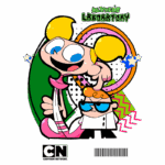 Personagens de "Laboratório de Dexter", incluindo Dexter e sua irmã Dee Dee, em um fundo colorido e vibrante, representando a famosa série do Cartoon Network.