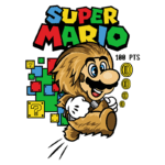 Imagem do personagem Mario, do jogo Super Mario, com aparência de leão, correndo e coletando moedas. O fundo apresenta blocos questionáveis do jogo e a frase "Super Mario 100 PTS". Ideal para fãs de jogos clássicos e cultura geek.