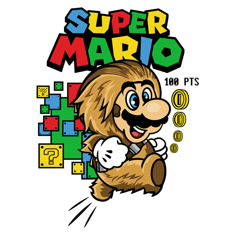 Imagem do personagem Mario, do jogo Super Mario, com aparência de leão, correndo e coletando moedas. O fundo apresenta blocos questionáveis do jogo e a frase "Super Mario 100 PTS". Ideal para fãs de jogos clássicos e cultura geek.