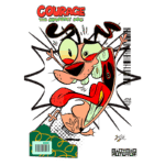 Personagem de animação corajoso, Courage, do desenho "Courage the Cowardly Dog", com expressão cômica e assustadora, destacado em um fundo vibrante com o logotipo do Cartoon Network.
