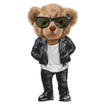 Urso estilizado usando óculos escuros e jaqueta de couro, posando de maneira confiante. Ideal para ilustrações de moda infantil ou produtos voltados para o público jovem.