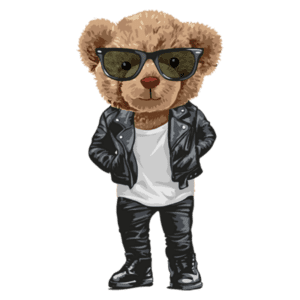Urso estilizado usando óculos escuros e jaqueta de couro, posando de maneira confiante. Ideal para ilustrações de moda infantil ou produtos voltados para o público jovem.