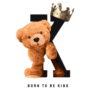 Imagem de um ursinho de pelúcia laranja com coroa ao lado da letra "K". Abaixo, a frase "Born to be King", que sugere um tema infantil e de realeza. Ideal para produtos ou marcas voltadas para crianças.