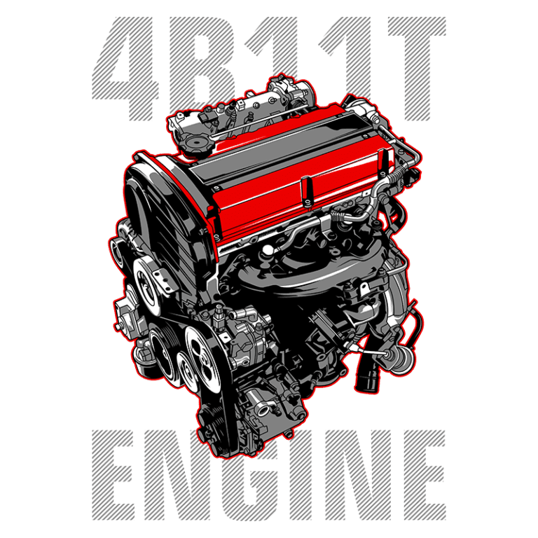 Desenho detalhado do motor 4B11T, mostrando sua estrutura e componentes principais em cores vibrantes, ideal para entusiastas de automóveis e mecânica.