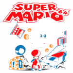 Ilustração do jogo Super Mario 64, apresentando Mario em destaque, cercado por fantasmas Boo, um grande olho, moedas e um bloco de interrogação, com um piano ao fundo. O design vibrante destaca elementos icônicos do jogo, refletindo a aventura e o estilo nostálgico dos anos 90.