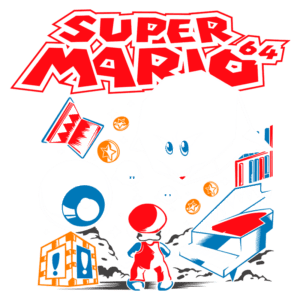 Ilustração do jogo Super Mario 64, apresentando Mario em destaque, cercado por fantasmas Boo, um grande olho, moedas e um bloco de interrogação, com um piano ao fundo. O design vibrante destaca elementos icônicos do jogo, refletindo a aventura e o estilo nostálgico dos anos 90.