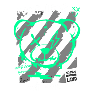 Ilustração de um urso estilizado com traços em verde neon, acompanhada da frase "Make Love not War" e a inscrição "Always Keep Positive". O fundo apresenta listras cinzas, criando um contraste vibrante e moderno. Ideal para transmitir mensagens de paz e positividade.