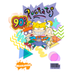 Imagem colorida do desenho animado "Rugrats", destacando os personagens principais em um estilo vibrante dos anos 90, com elementos gráficos como estrelas e triângulos, e o logotipo da Nickelodeon.
