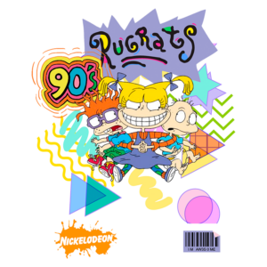 Imagem colorida do desenho animado "Rugrats", destacando os personagens principais em um estilo vibrante dos anos 90, com elementos gráficos como estrelas e triângulos, e o logotipo da Nickelodeon.