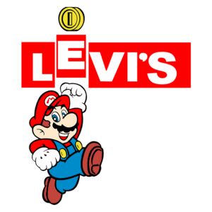 Imagem do personagem Mario da Nintendo pulando, posicionada abaixo do logo da marca Levi's, que apresenta um fundo vermelho e uma moeda dourada acima dele.