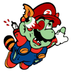 Personagem de videogame inspirado no Mario, com pele verde e um visual de zumbi, usando um boné vermelho e macacão azul, voando e mostrando uma expressão divertida e assustadora.