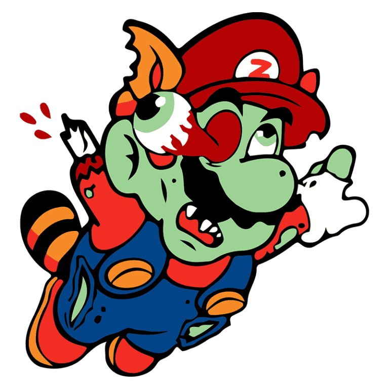 Personagem de videogame inspirado no Mario, com pele verde e um visual de zumbi, usando um boné vermelho e macacão azul, voando e mostrando uma expressão divertida e assustadora.