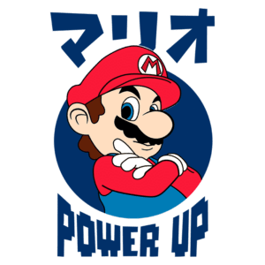 Imagem do personagem Mario em estilo cartoon, vestindo um boné e uniforme vermelhos, com os braços cruzados, acompanhado das palavras "マリオ" e "POWER UP". Ideal para conteúdo sobre jogos e cultura pop.