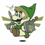 Personagem de videogame inspirado em Link, da série The Legend of Zelda, segurando uma espada e um escudo, acompanhado por uma fada, em um fundo verde.